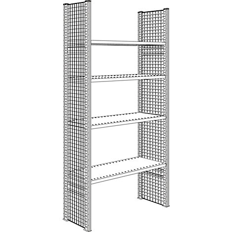 Gray metal shelf with five levels. The back wall and sides are made of a grid.
